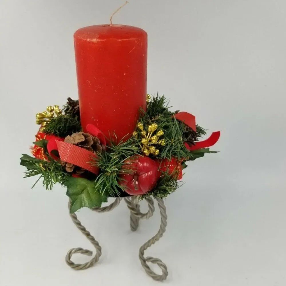 Vintage Homco 12009 Candle Pedestal Red Pillar Evergreen Wreath Candlestick
